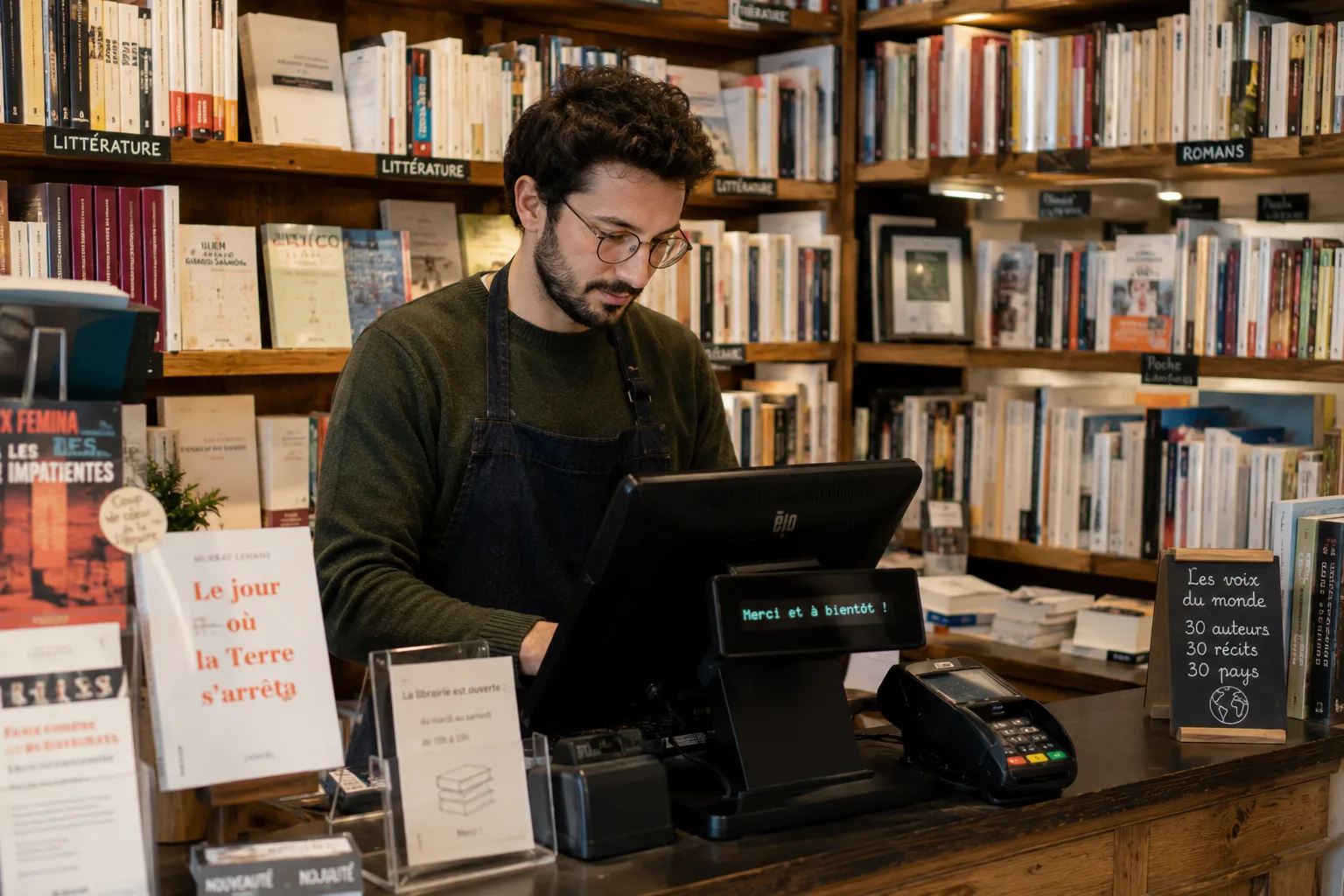 Gérant de librairie devant sa caisse