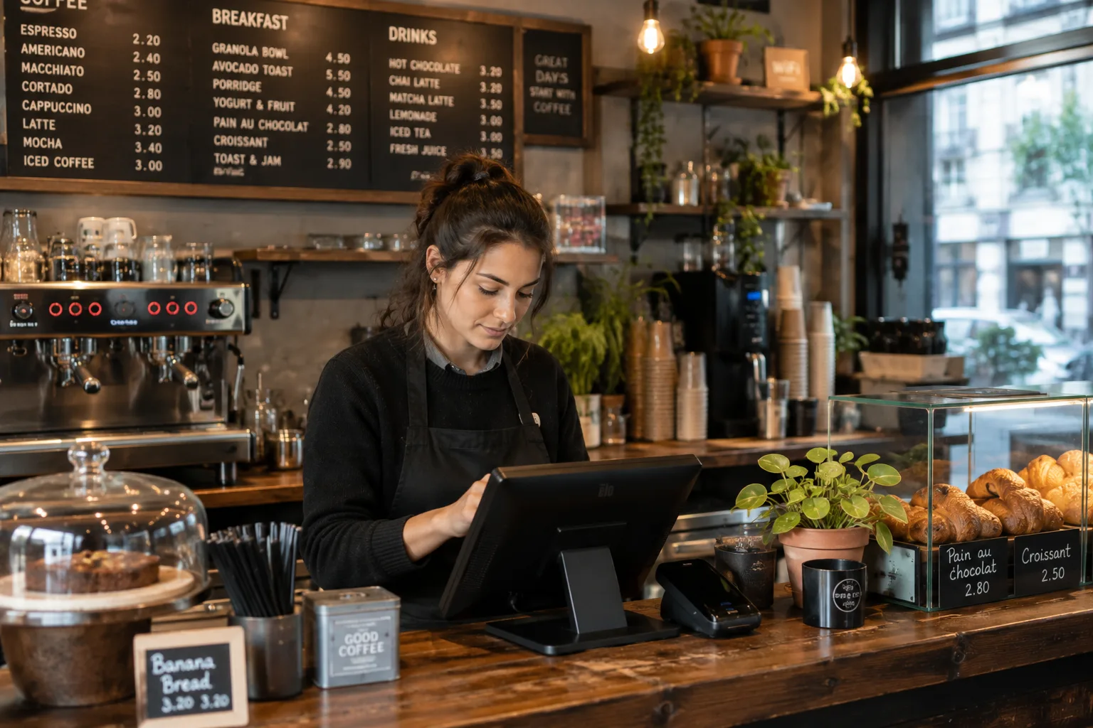 Gérante de café utilisant une caisse
